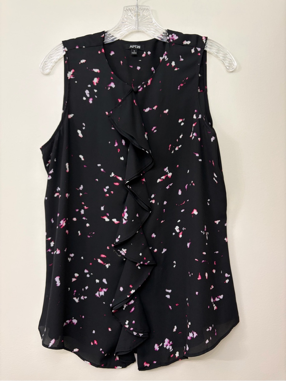 Apt. 9 Black Sleeveless Ruffle Front Blouse with Pink and White Print - Size M